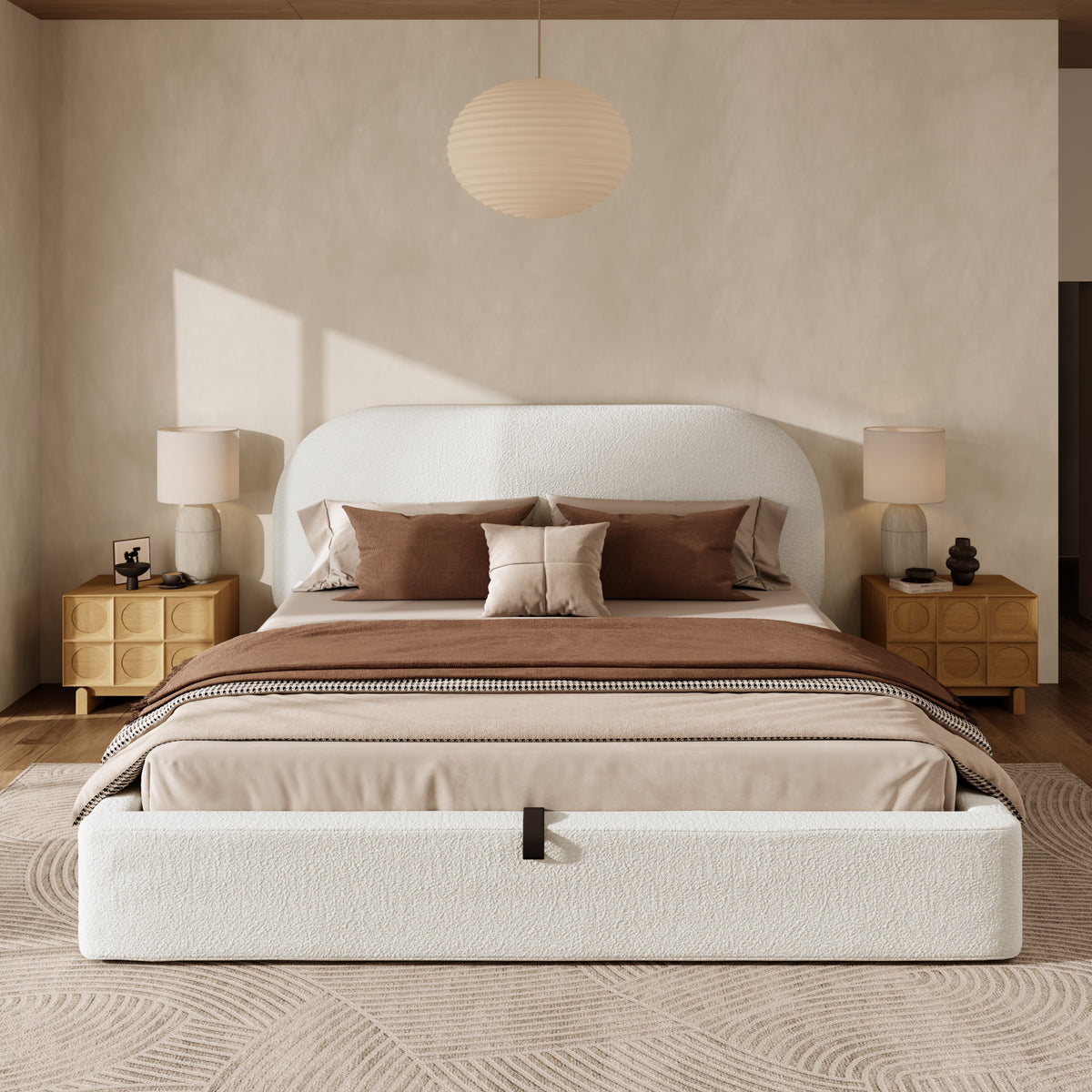Upholstered Double Bed 160x200cm with Storage, Beige Bouclé