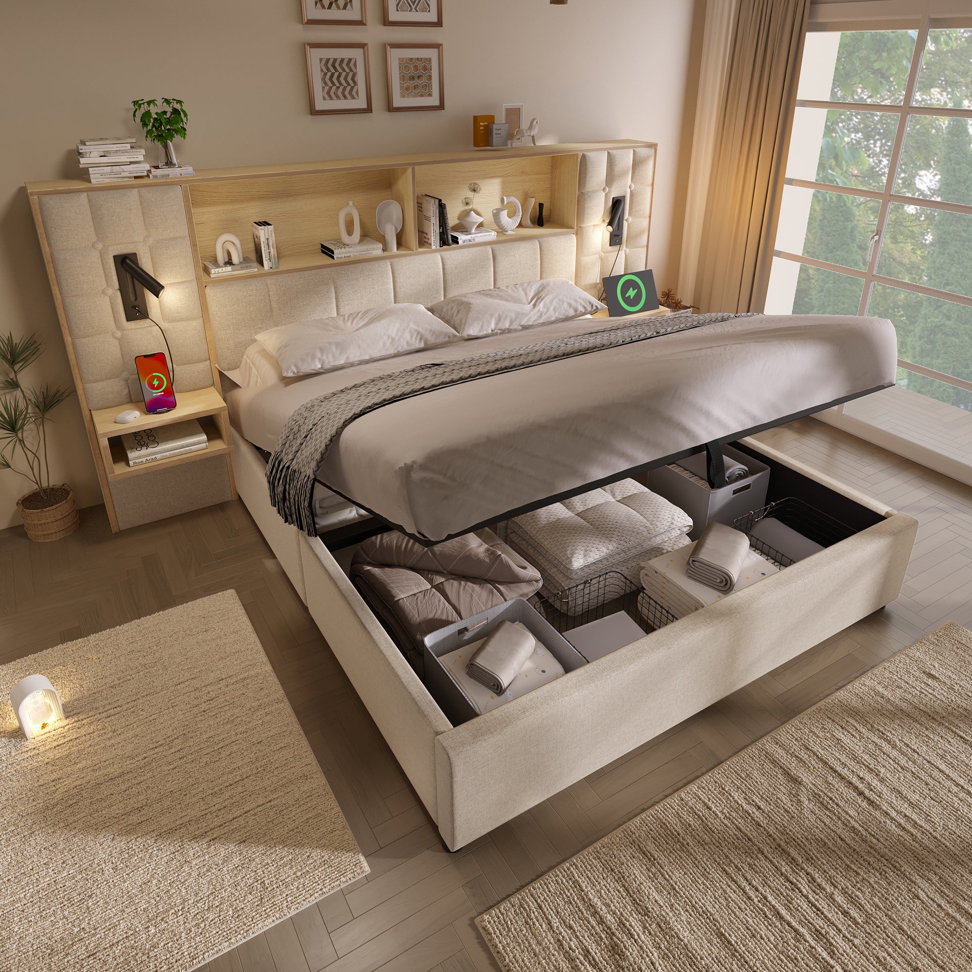 Upholstered Bed 180x200 with Storage, LED & USB, Beige Linen Fabric
