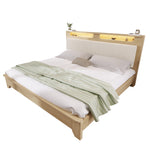Wooden Double Bed 140x200cm with Storage & LED, Light Oak
