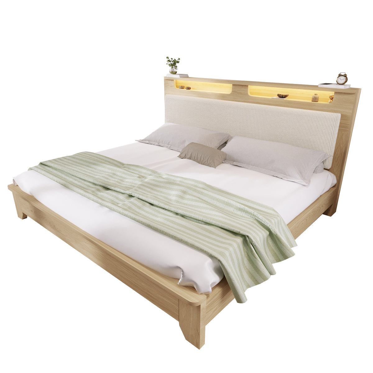 Wooden Double Bed 160x200cm with Storage & LED, Light Oak