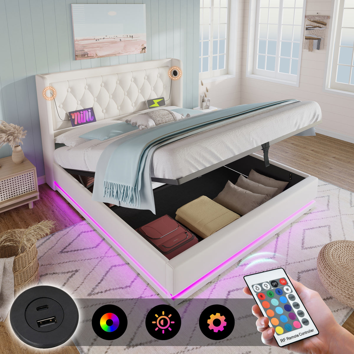 Upholstered Double Bed 180x200 with Storage & LED, White PU