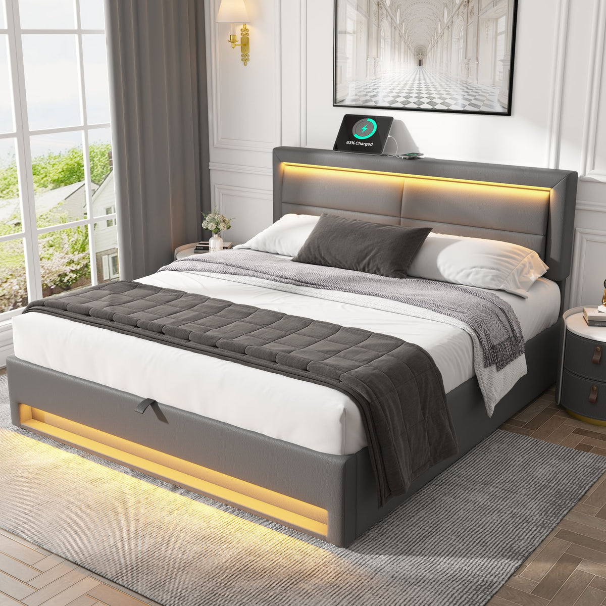 Upholstered Bed 160x200cm with LED & Storage, Grey PU
