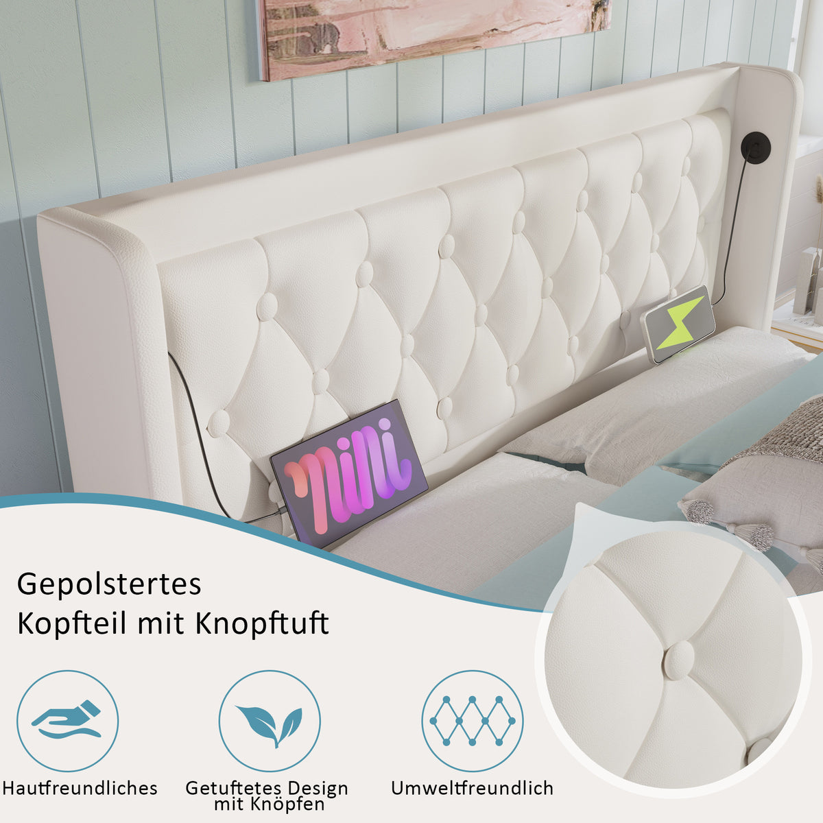 Upholstered Double Bed 180x200 with Storage & LED, White PU