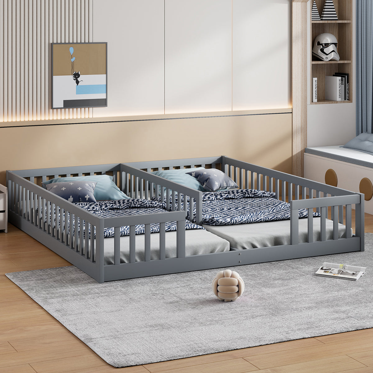 Children's Panel Bed 90x200 cm with Railing, Grey Pine Wood