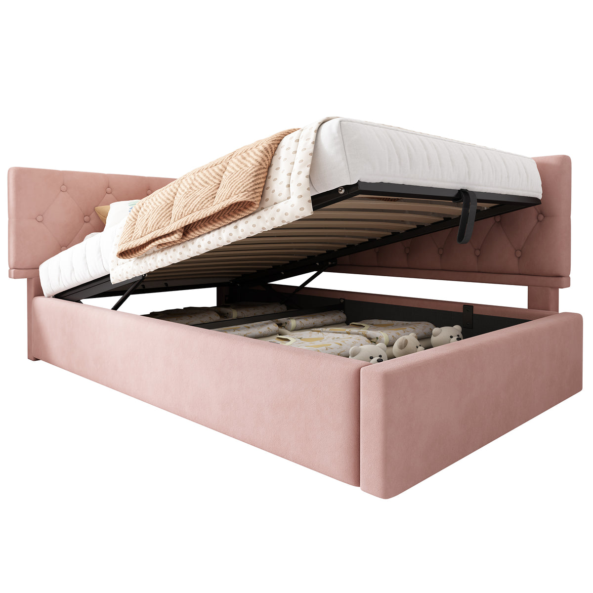 Upholstered Double Bed 180x200 with Storage & LED, Beige Chenille