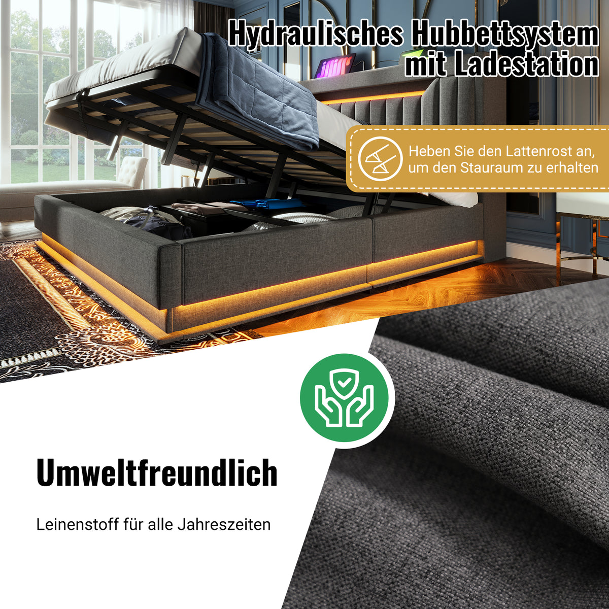 Upholstered Double Bed 160x200cm with Hydraulic Storage, Grey Linen