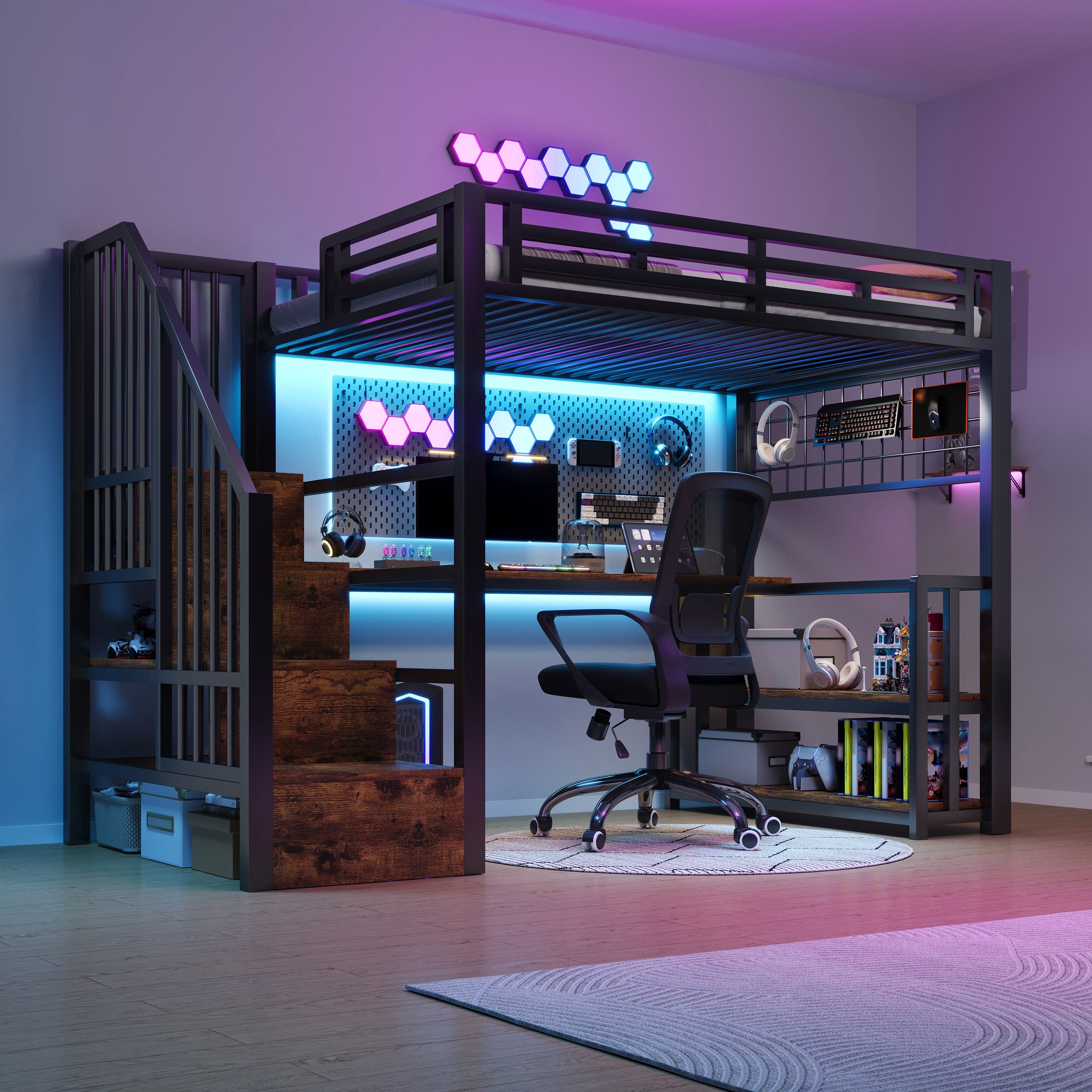 Loft Bed 90x200cm with Desk, LED & Storage, Black Metal