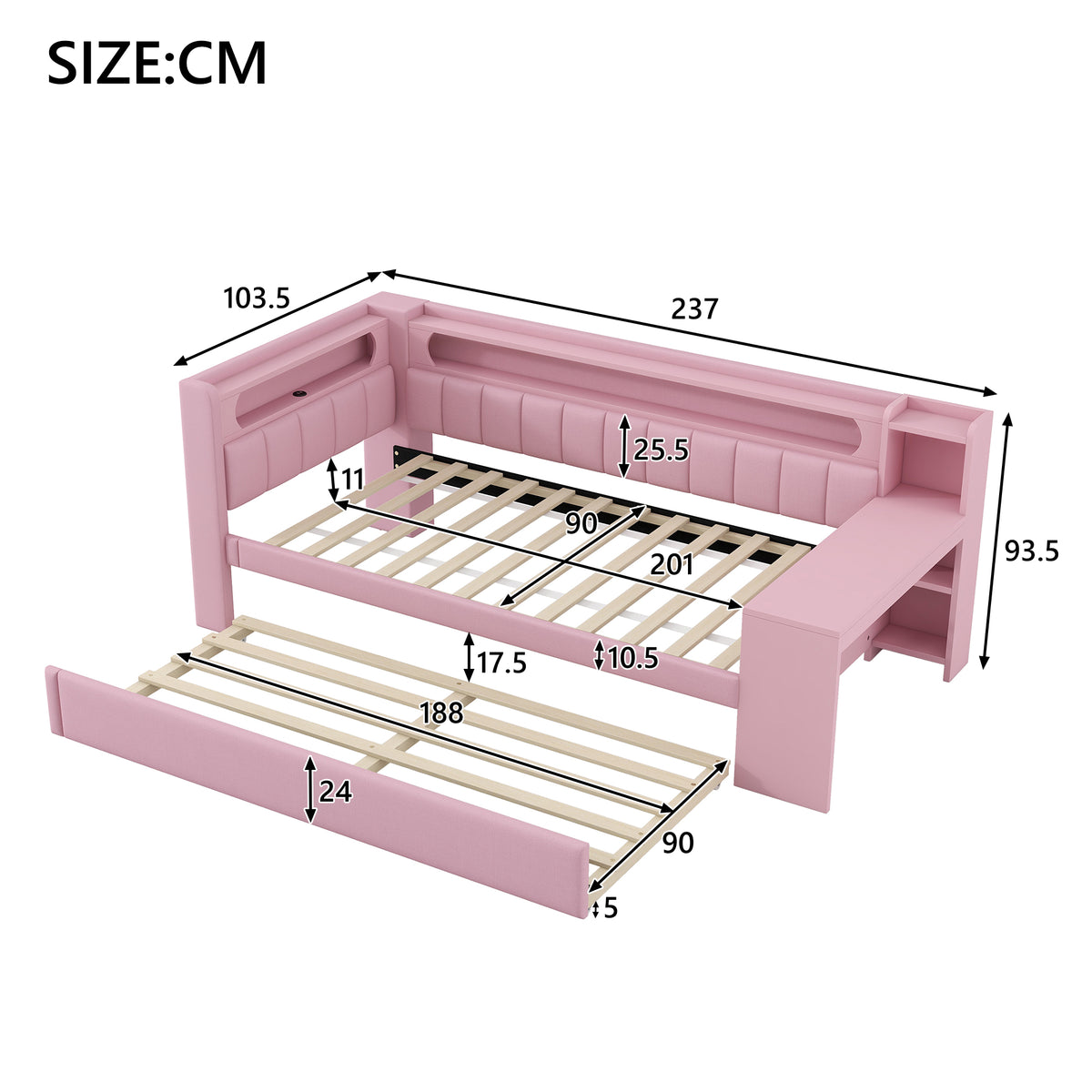 Upholstered Daybed 90x200cm with Trundle, Desk & LED, Pink