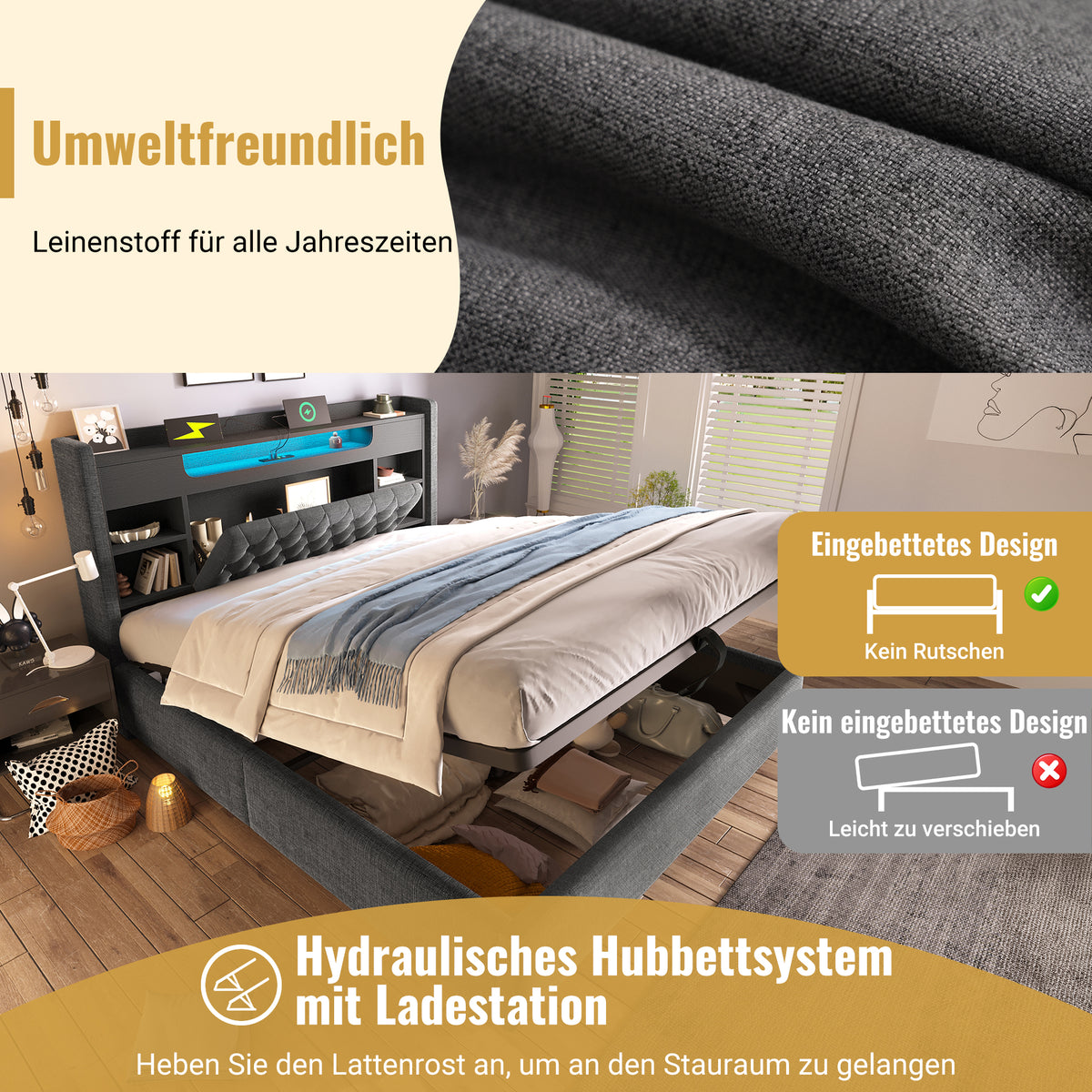 Upholstered Bed 180x200 with Hydraulic Storage & LED, Grey Linen