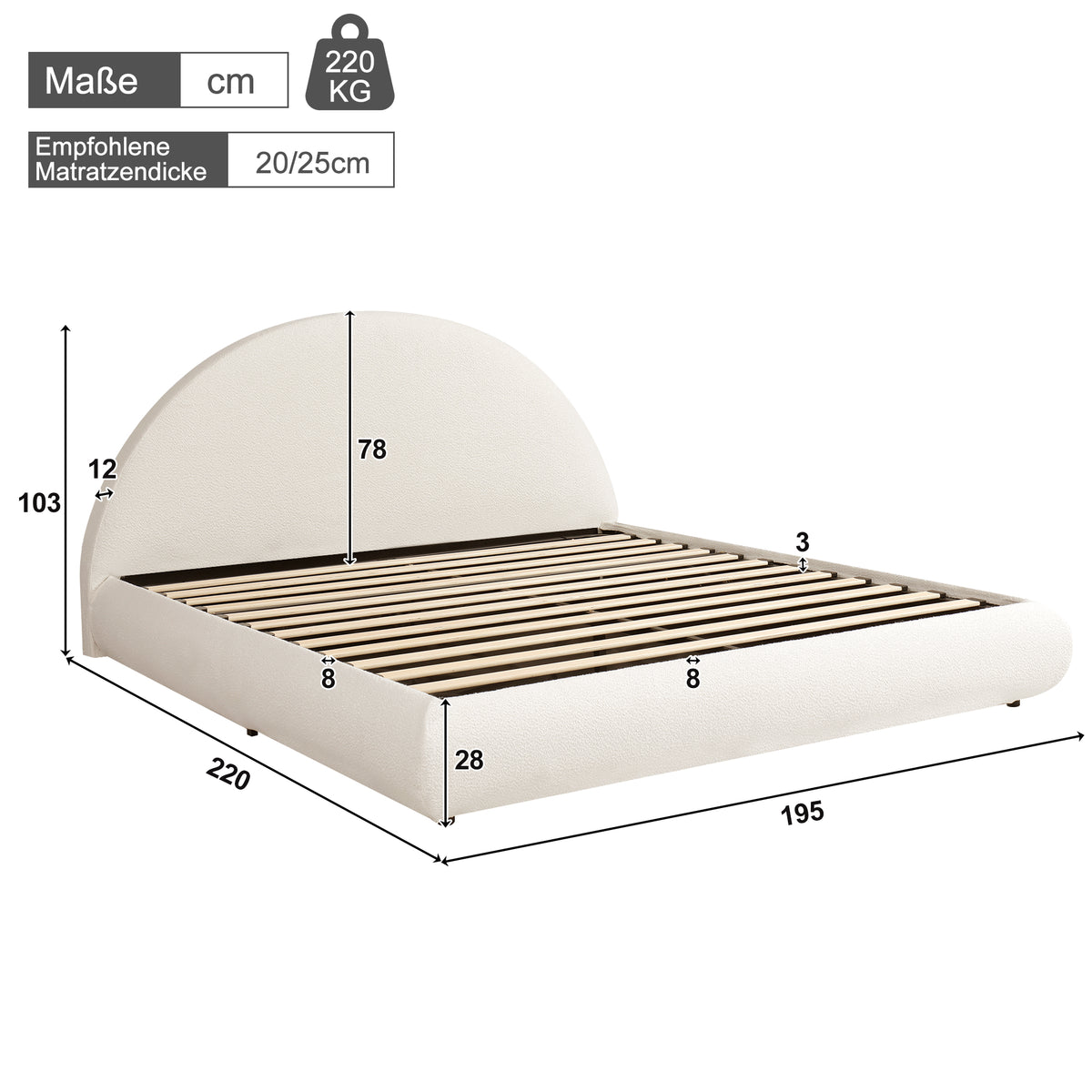 Upholstered Double Bed 180x200cm with Storage, White Bouclé