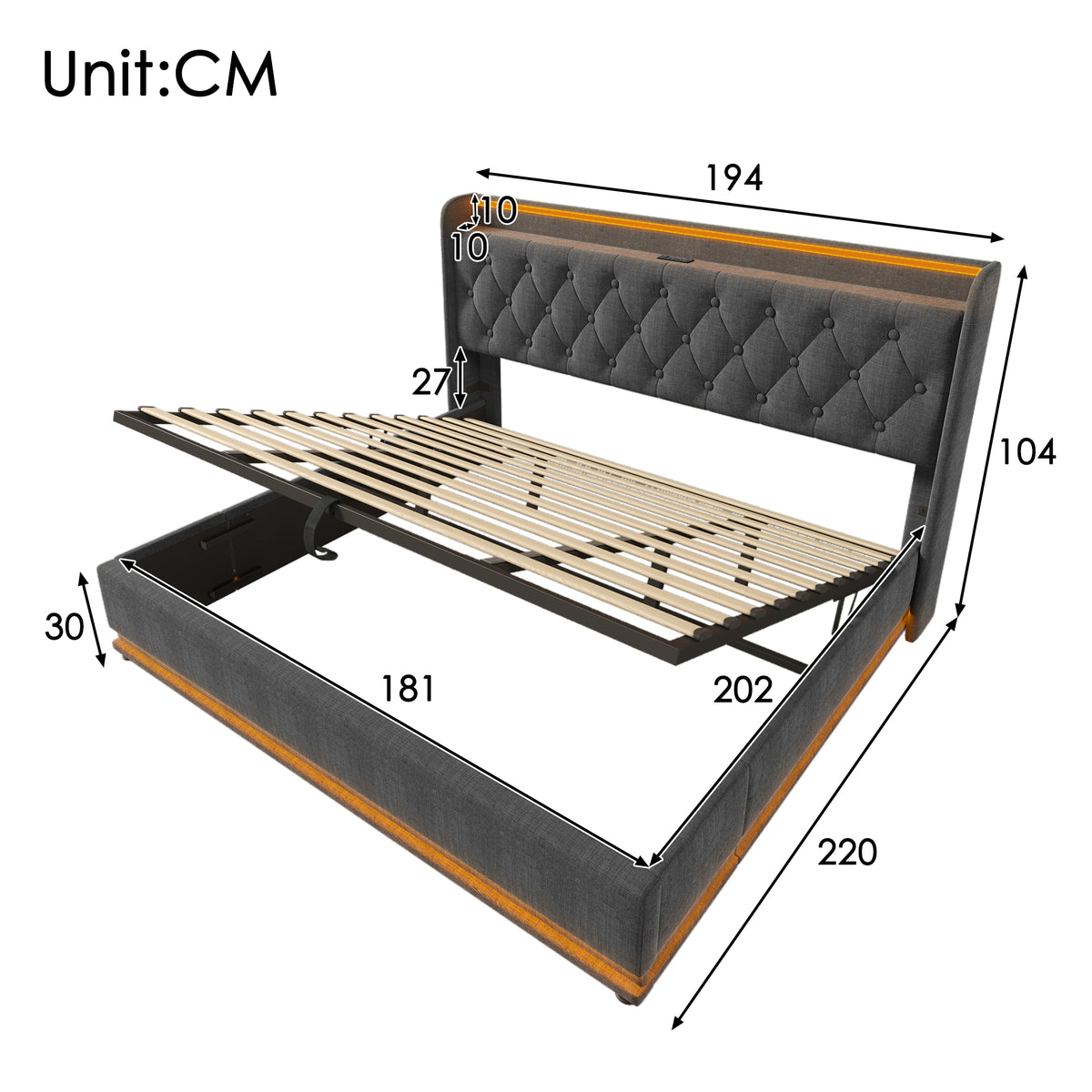 Upholstered Double Bed 140x200cm with Drawers - Grey Velvet