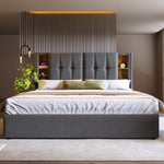 Upholstered Double Bed 180x200cm with Storage & USB-C, Grey Cotton