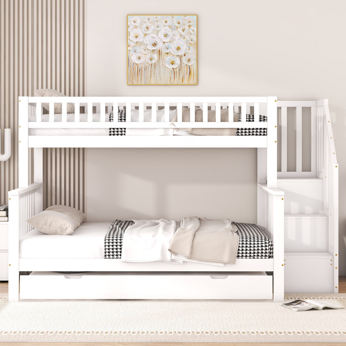 Bunk Bed 90x200/140x200cm with Stairs & Storage, Pine White