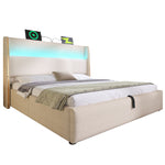 Modern Hydraulic Double Bed 180x200cm LED Storage - Beige Linen