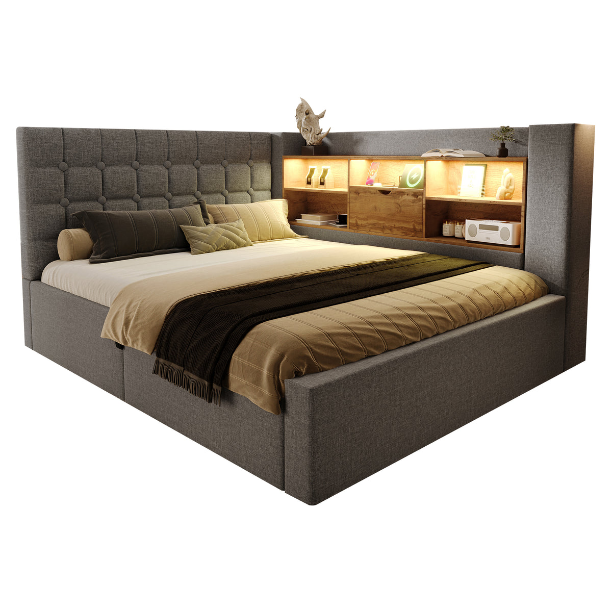Upholstered Double Bed 180x200cm Hydraulic Storage, Grey Linen
