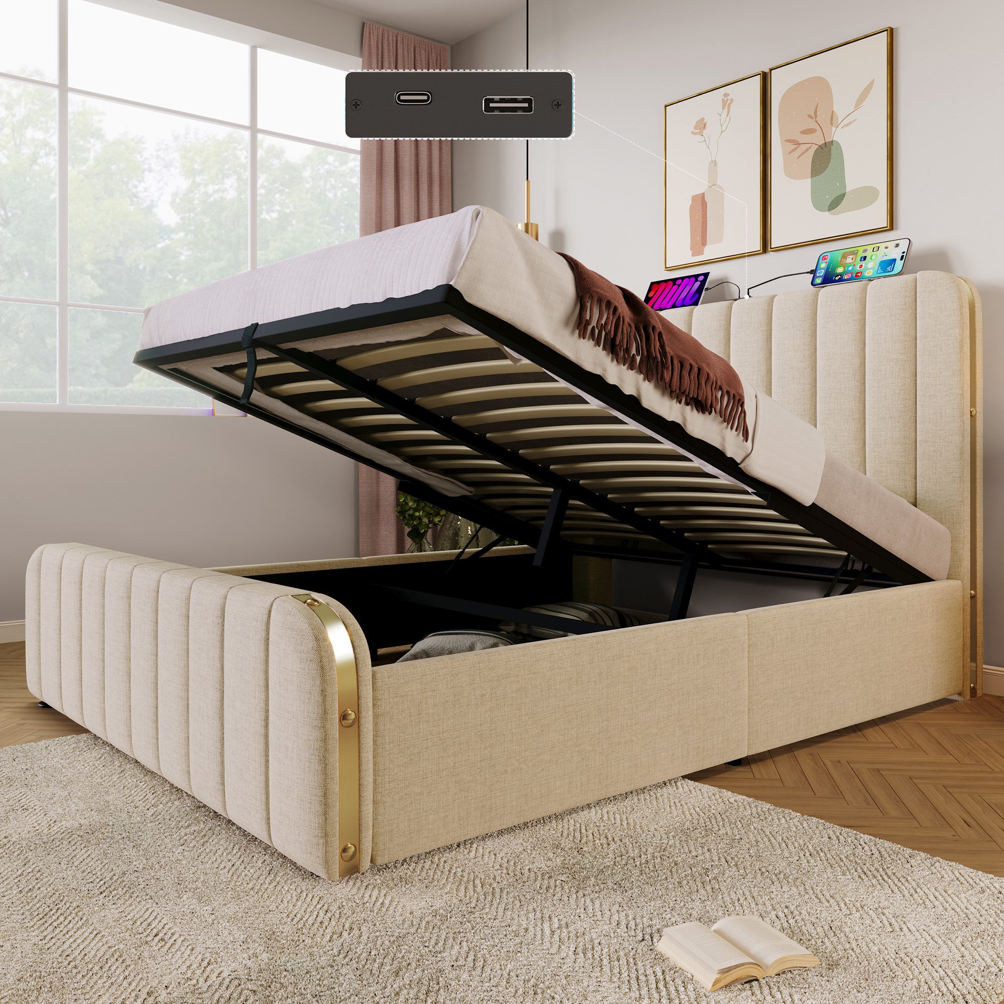 Upholstered Storage Bed 140x190cm with USB Charging, Beige Linen