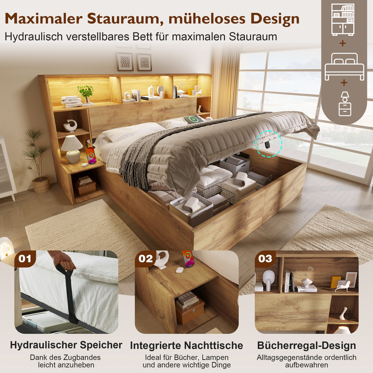System Storage Bed 160x200 with Mattress, LED & USB-C, Oak Look