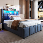 Upholstered Bed 90x200cm with LED & Storage, Linen Grey