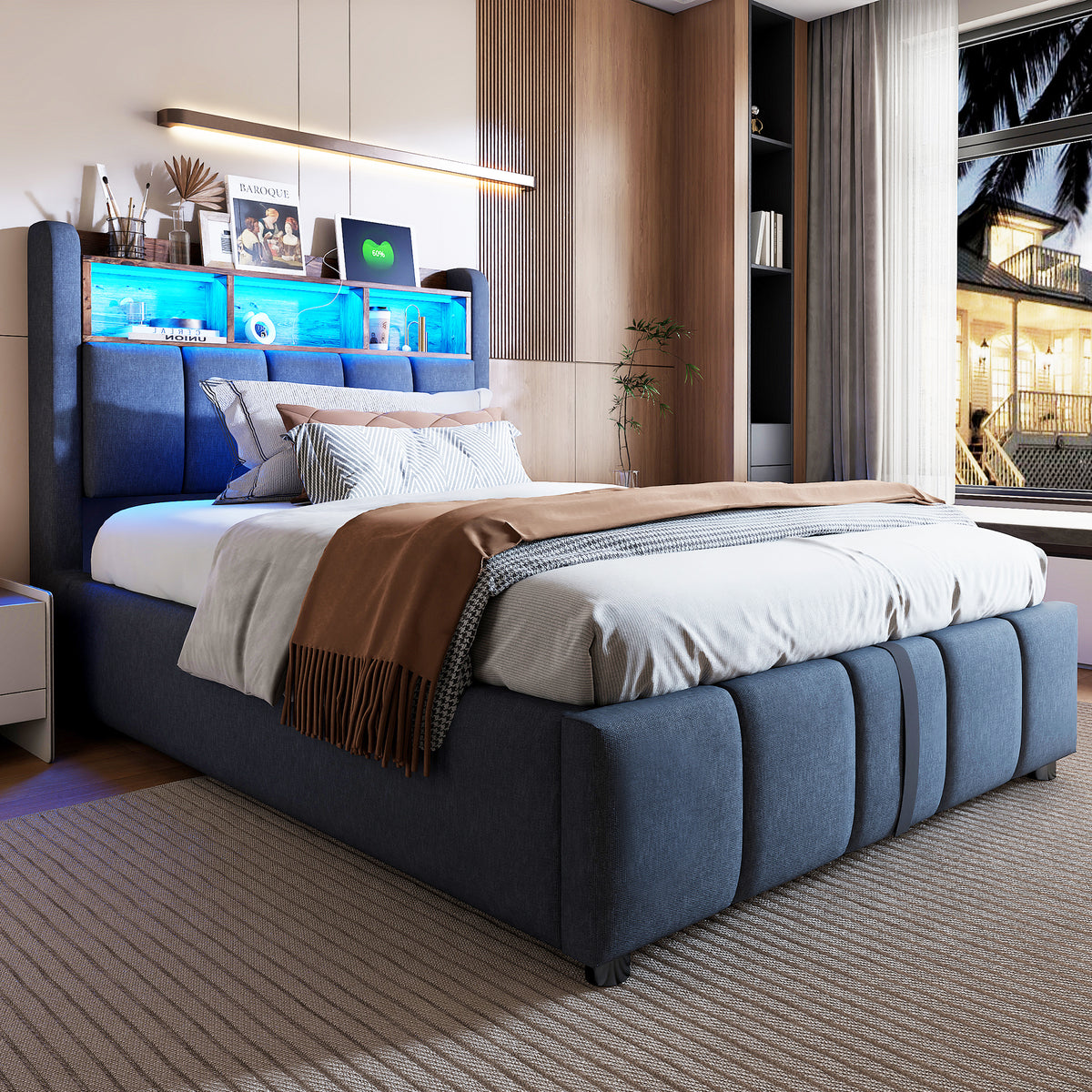 Upholstered Bed 90x200cm with LED & Storage, Linen Grey