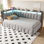Upholstered Sofa Bed 90x200cm, Pull-Out Bed & LED, Light Grey Velvet