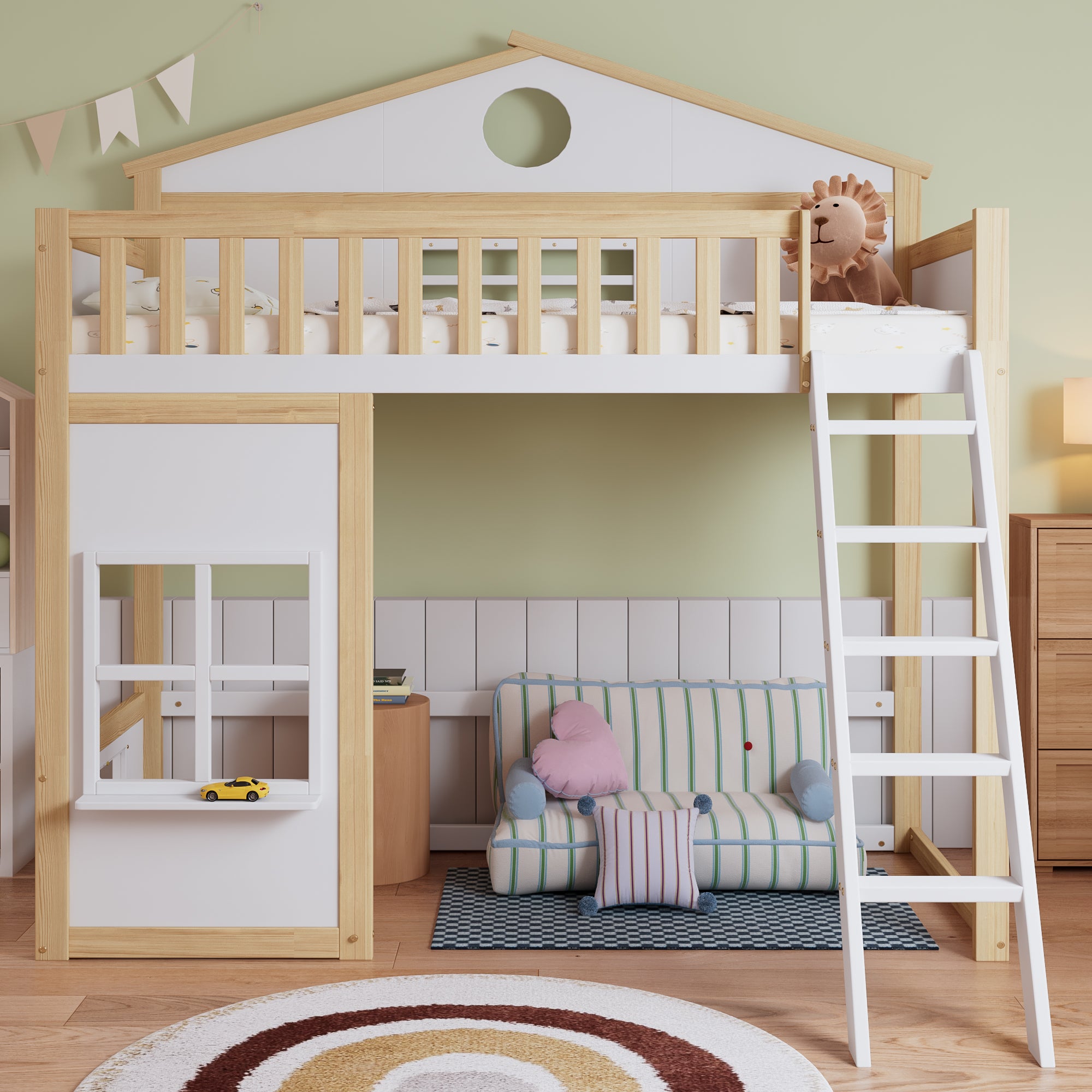 Bunk House Bed with Stairs & Roof 90x200cm, White & Natural