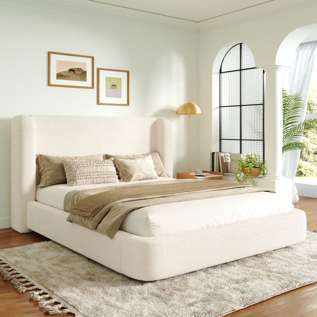 Upholstered Double Bed 160x200 with Hydraulic Storage, Beige Bouclé