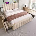 Upholstered Bed 140x190cm with 4 Drawers & USB, Beige Linen