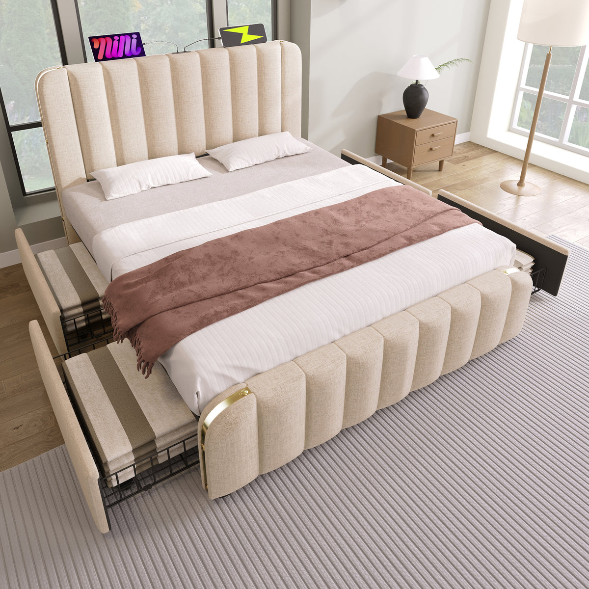 Iron Loft Bed with Desk & Storage, 90x200cm, White & Natural