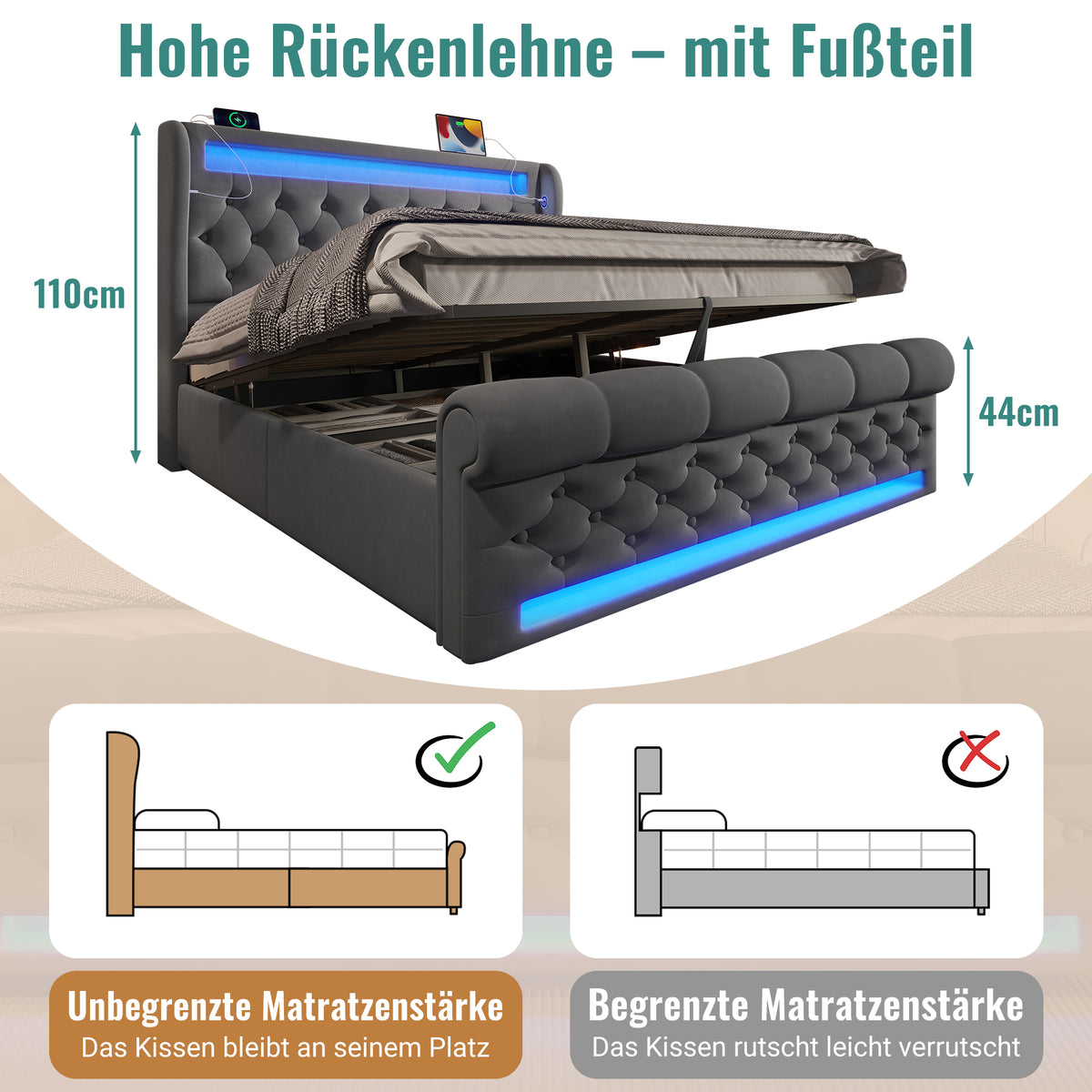 Modern Upholstered Bed 160x200cm with LED & Storage, Grey Velvet