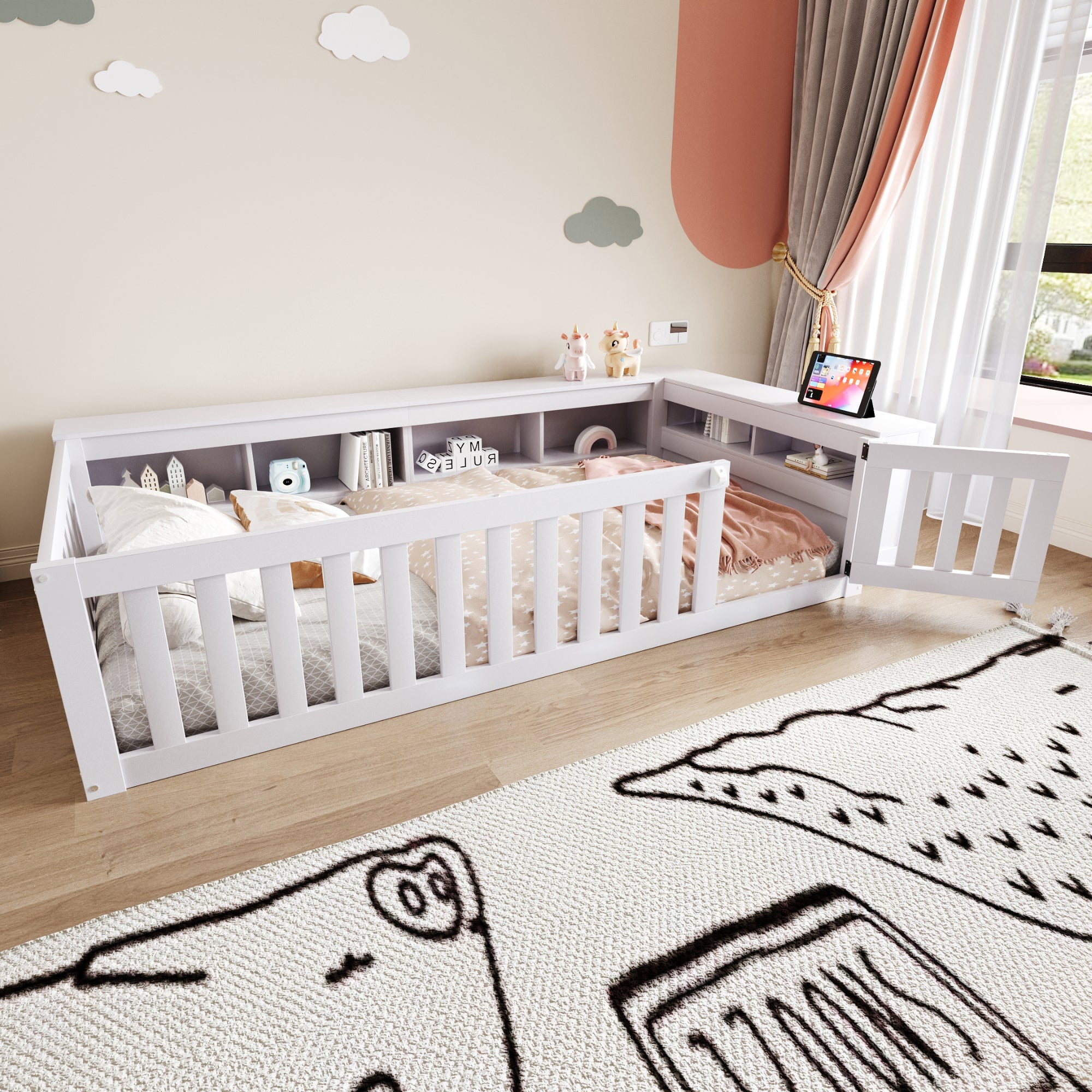 Kids Bed 90x200cm with Storage & Safety Rail, Solid Wood White