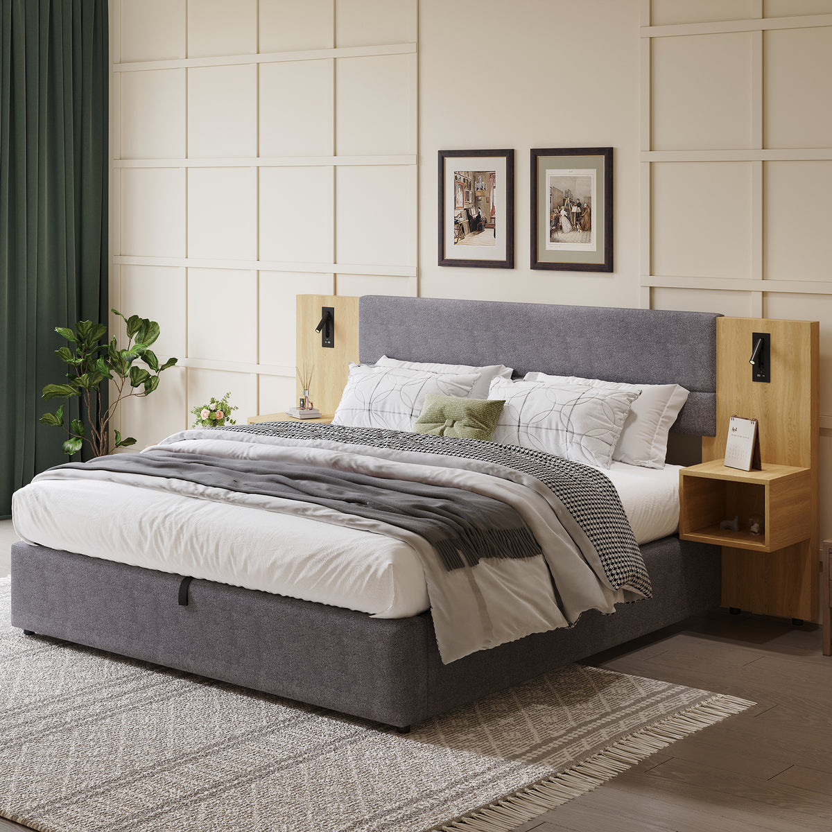 Upholstered Bed 180x200cm with LED & 2 Nightstands, Grey Velvet