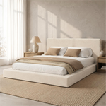 Upholstered Double Bed 180x200 cm with Slatted Base, Beige Chenille