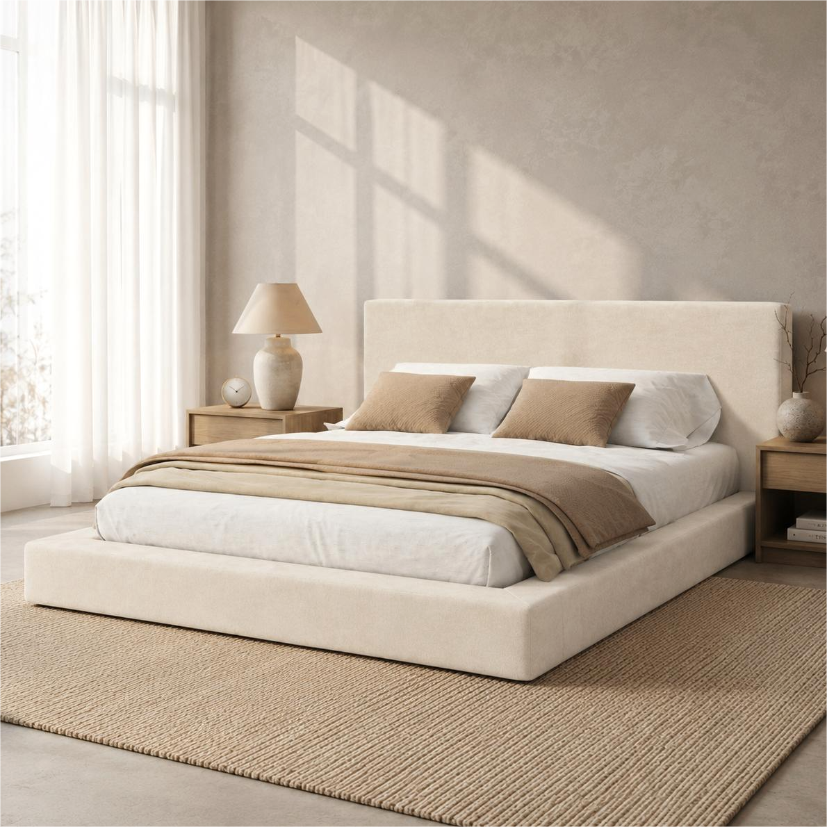 Upholstered Double Bed 180x200 cm with Slatted Base, Beige Chenille