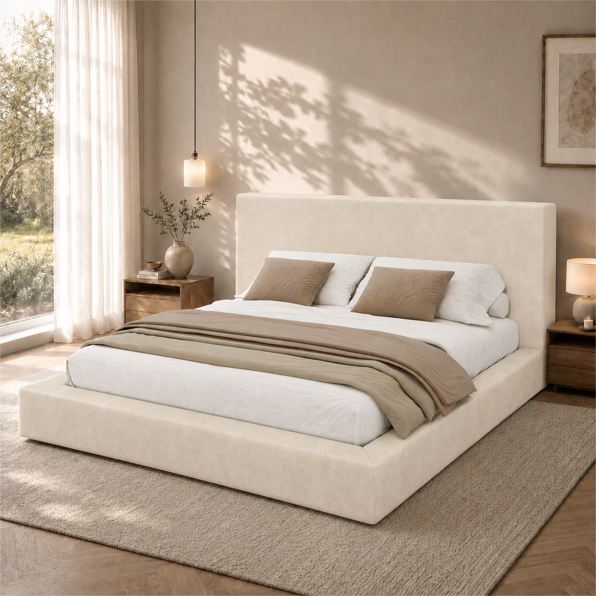 Upholstered Double Bed 160x200cm with Slatted Base, Beige Chenille