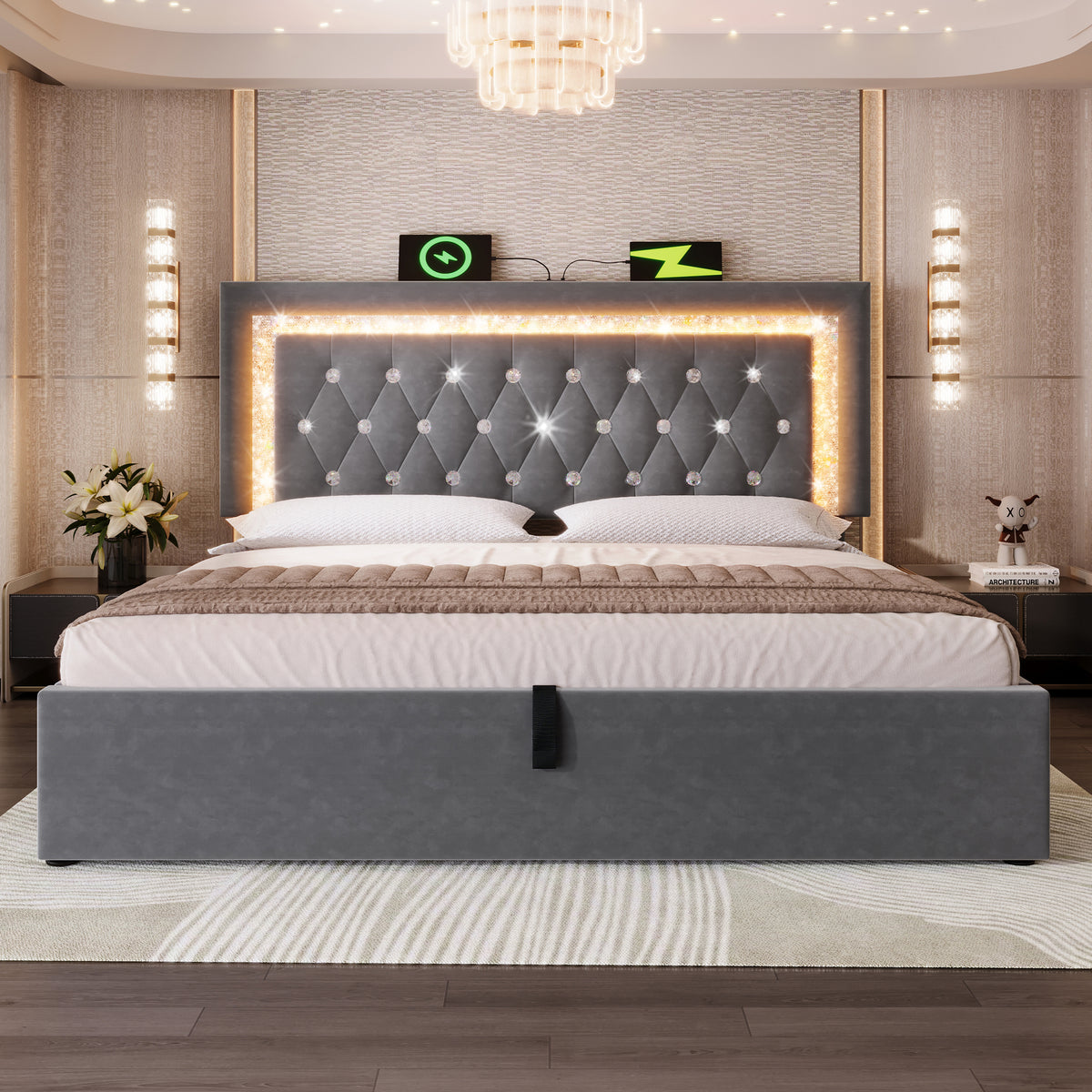 Upholstered Bed 180x200cm with LED & Storage, Grey Velvet