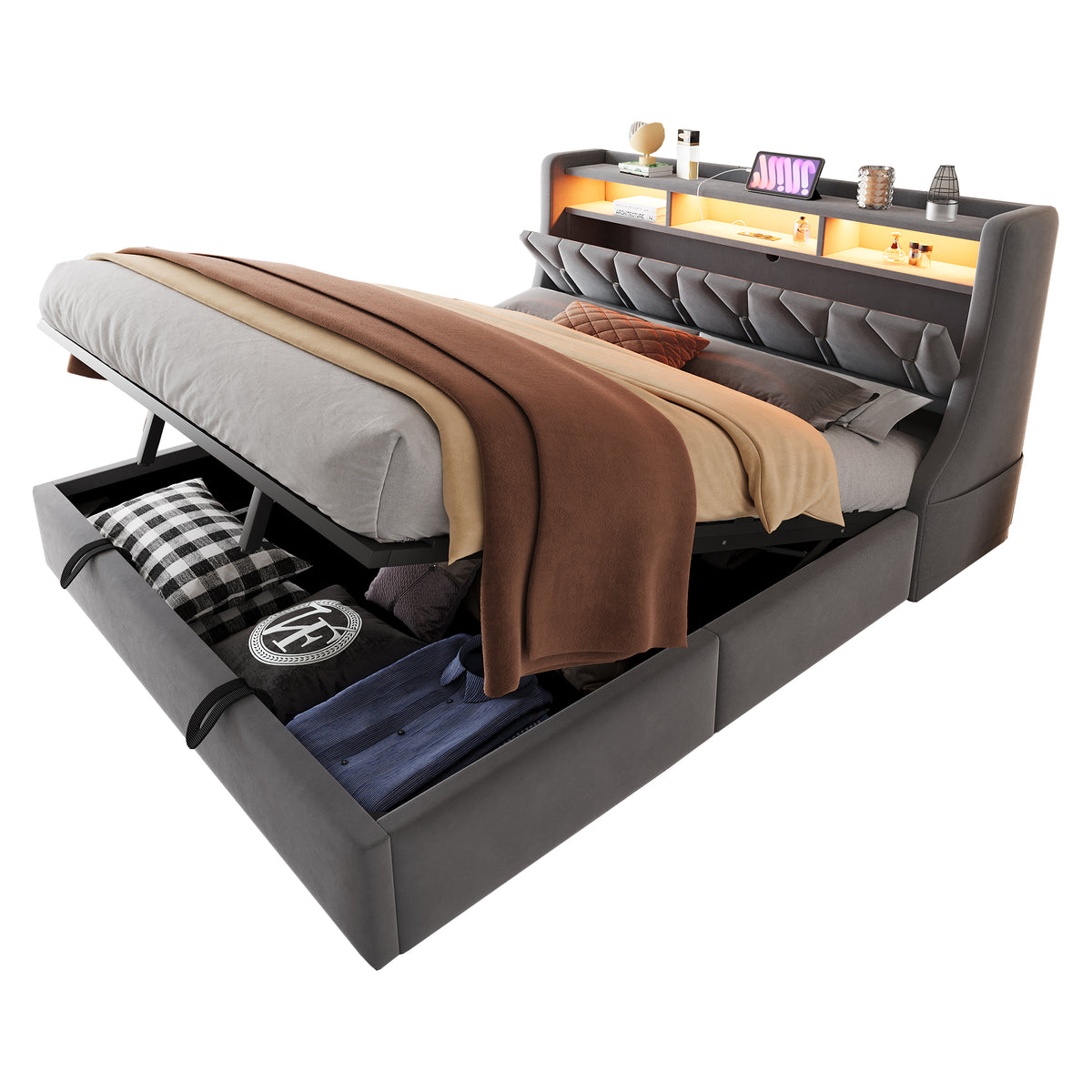 Upholstered Storage Bed 180x200 with LED & Power Outlet, Grey Velvet