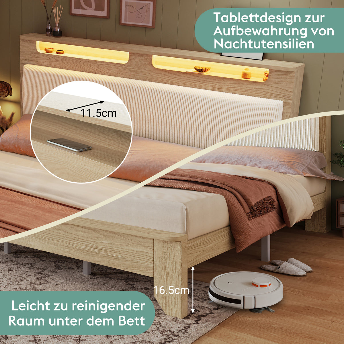 Wooden Double Bed 140x200cm with Storage & LED, Light Oak
