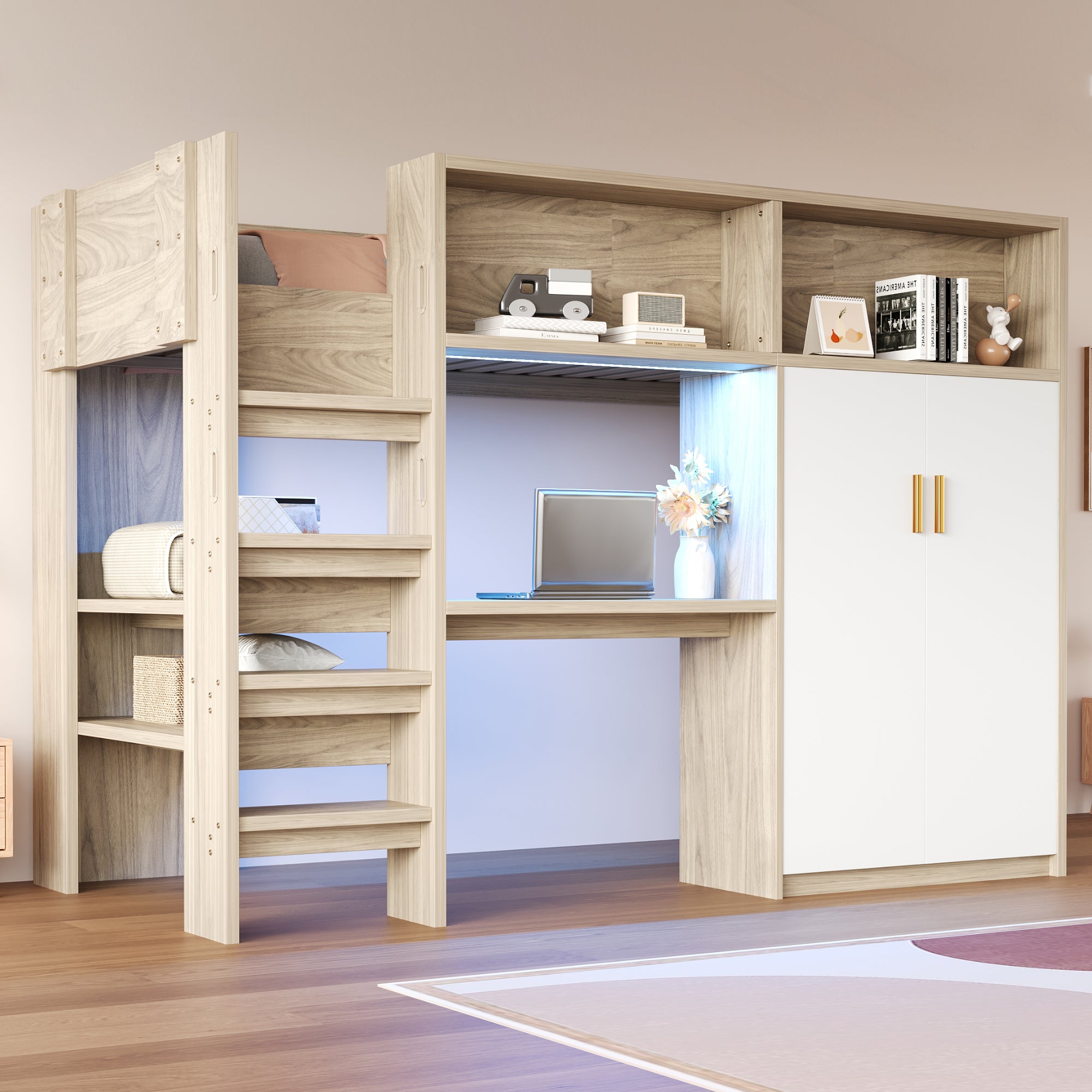 Multifunctional Loft Bed 90x200 with Desk, Wardrobe & Storage, Wood