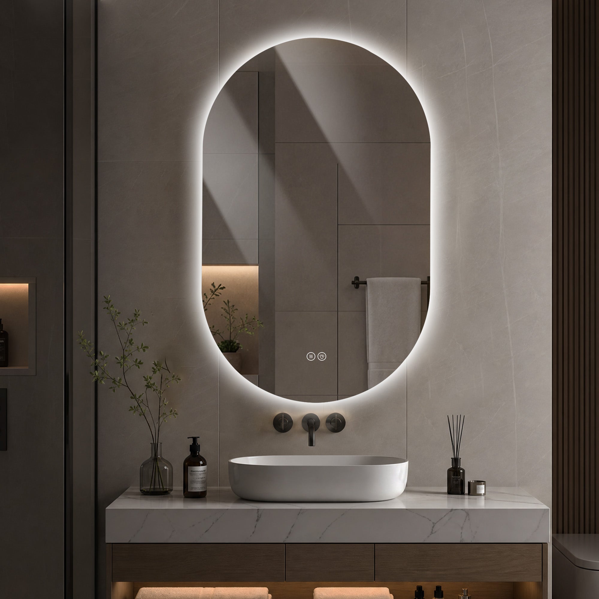 Capsule LED Bathroom Mirror 50x80cm Anti-Fog, Tempered Glass