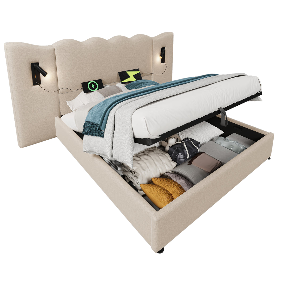 Upholstered Double Bed 180x200 with Lamp & USB Storage - Beige Linen