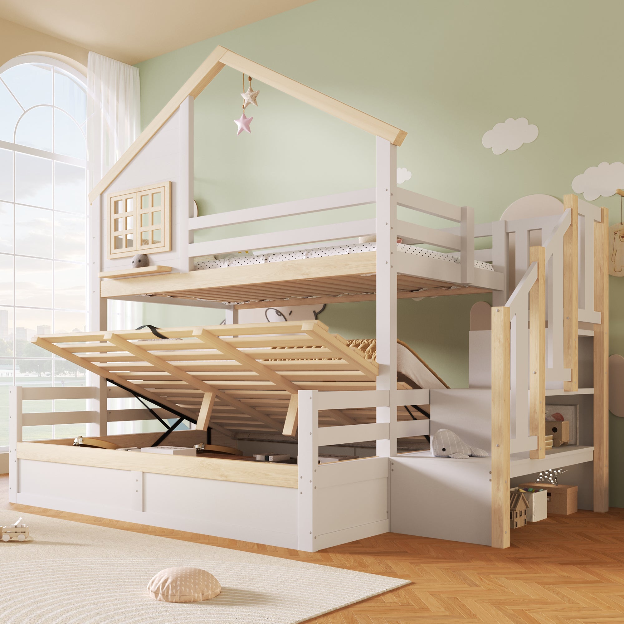 Bunk Bed 90/140x200cm with Storage Ladder & Rail, White + Natural