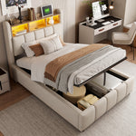 Upholstered Single Bed 90x200 LED USB Storage, Beige Linen