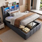 Upholstered Bed 90x200cm with LED & Storage, Linen Grey