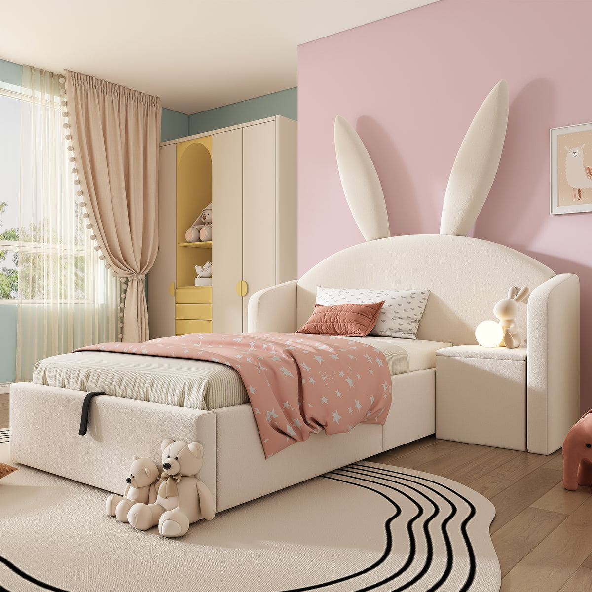 Youth Bed 90x200cm with Storage & Bedside Table, Beige Velvet