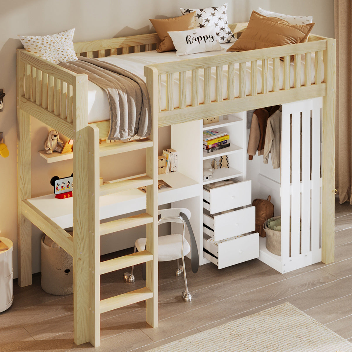 Loft Bed 90x200cm with Desk, Wardrobe & Drawers, Natural