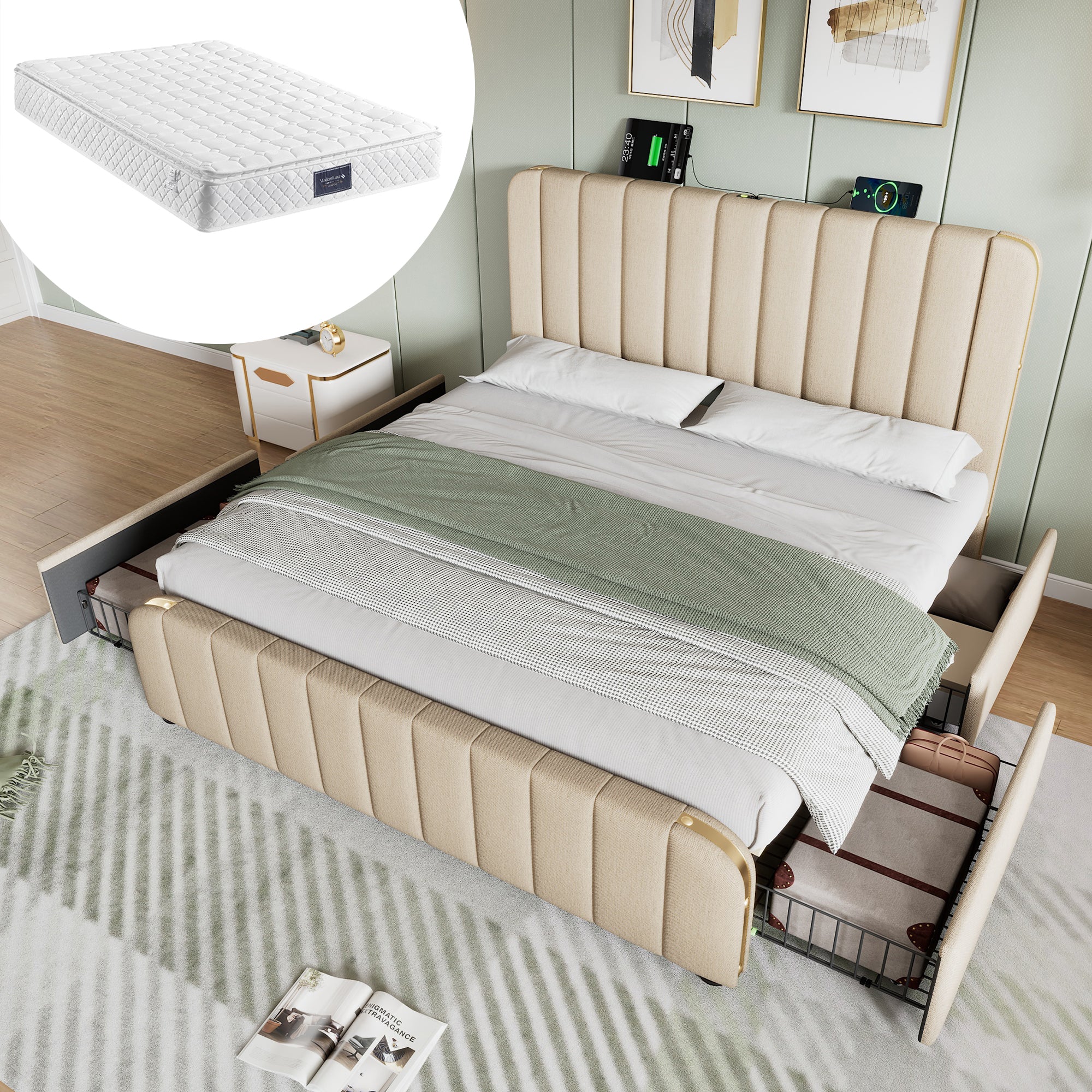 Iron Loft Bed with Desk & Storage, 90x200cm, White & Natural