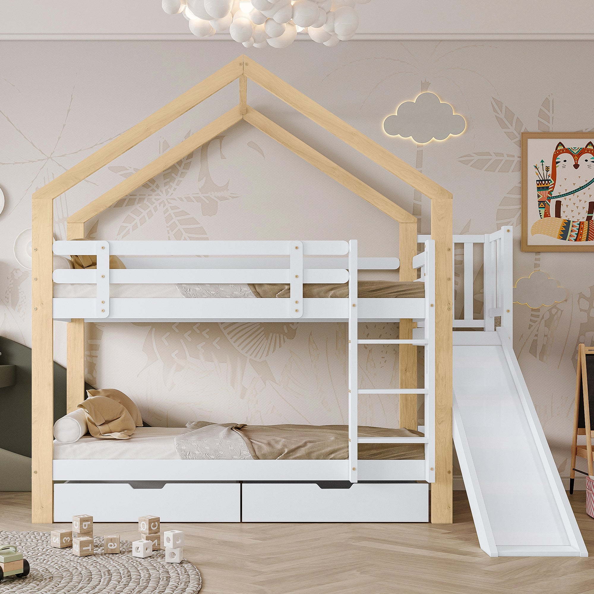House Bunk Bed with Slide & 2 Drawers, 90x200cm, Solid Wood White