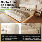 Upholstered Double Bed 180x200cm Storage LED, Beige Chenille
