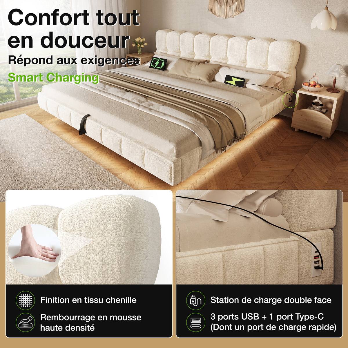 Upholstered Double Bed 180x200cm Storage LED, Beige Chenille