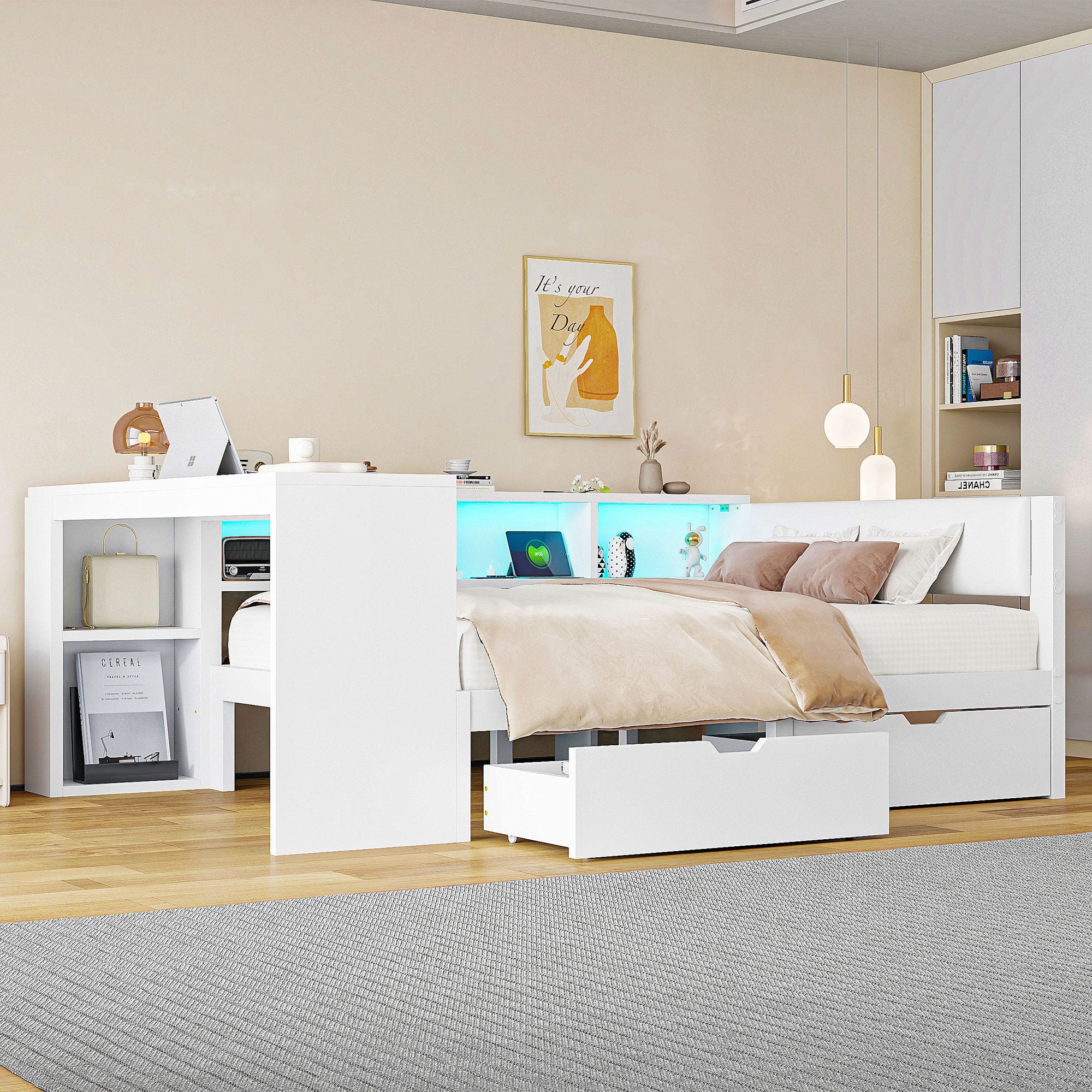 Platform Bed 140x200 with Shelves, Drawers & LED, White Wood